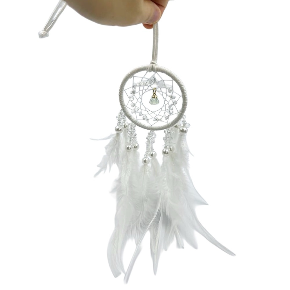 Small White Feather Dreamcatcher Wall Decor With Clear Beads & Faux Pearls